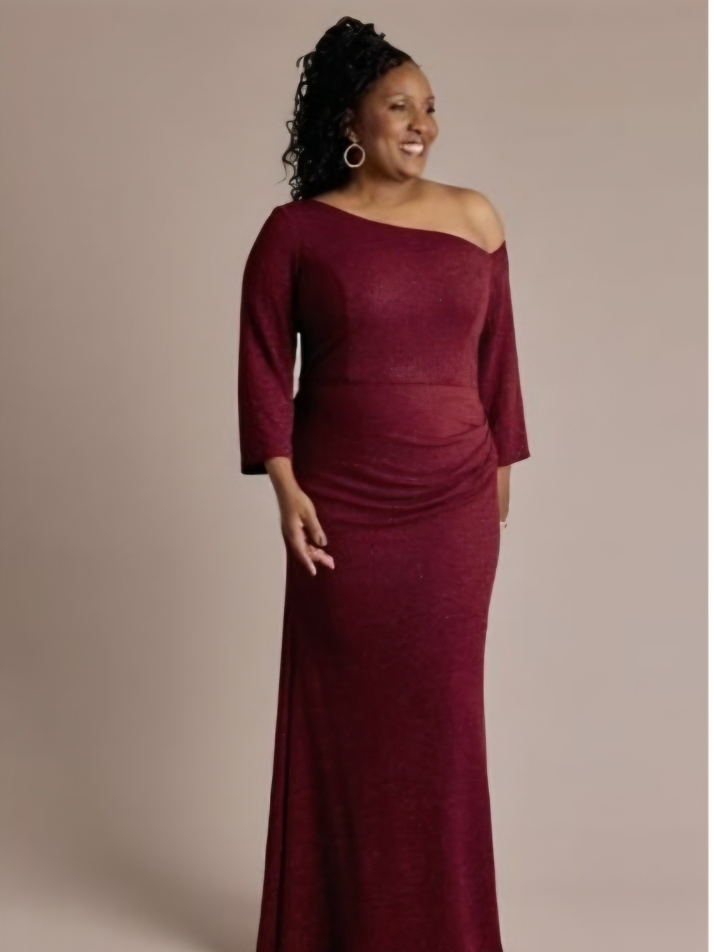 Oleg Cassini One-Shoulder Wine Colored Evening Gown